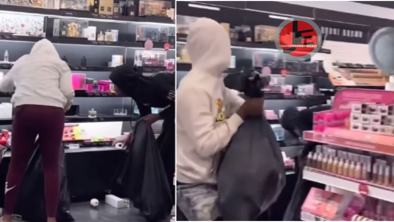 Shameless robbers empty shelves in Sephora fill trash bags in front of shoppers in Los Angeles